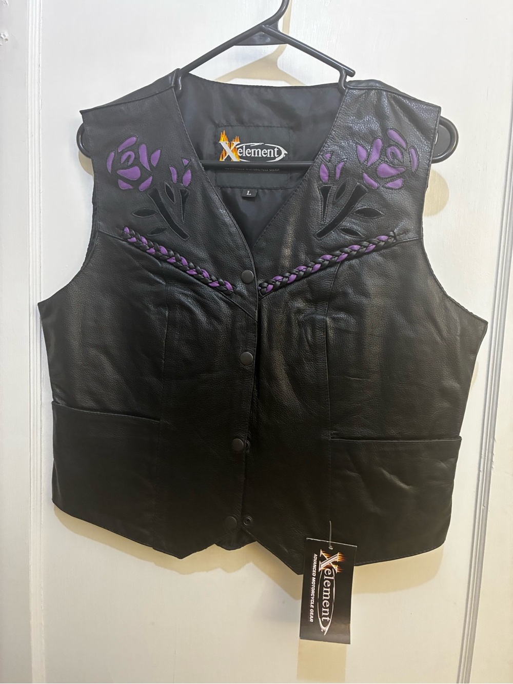 Xelement Women's Black Leather Vest with Purple Floral Accents